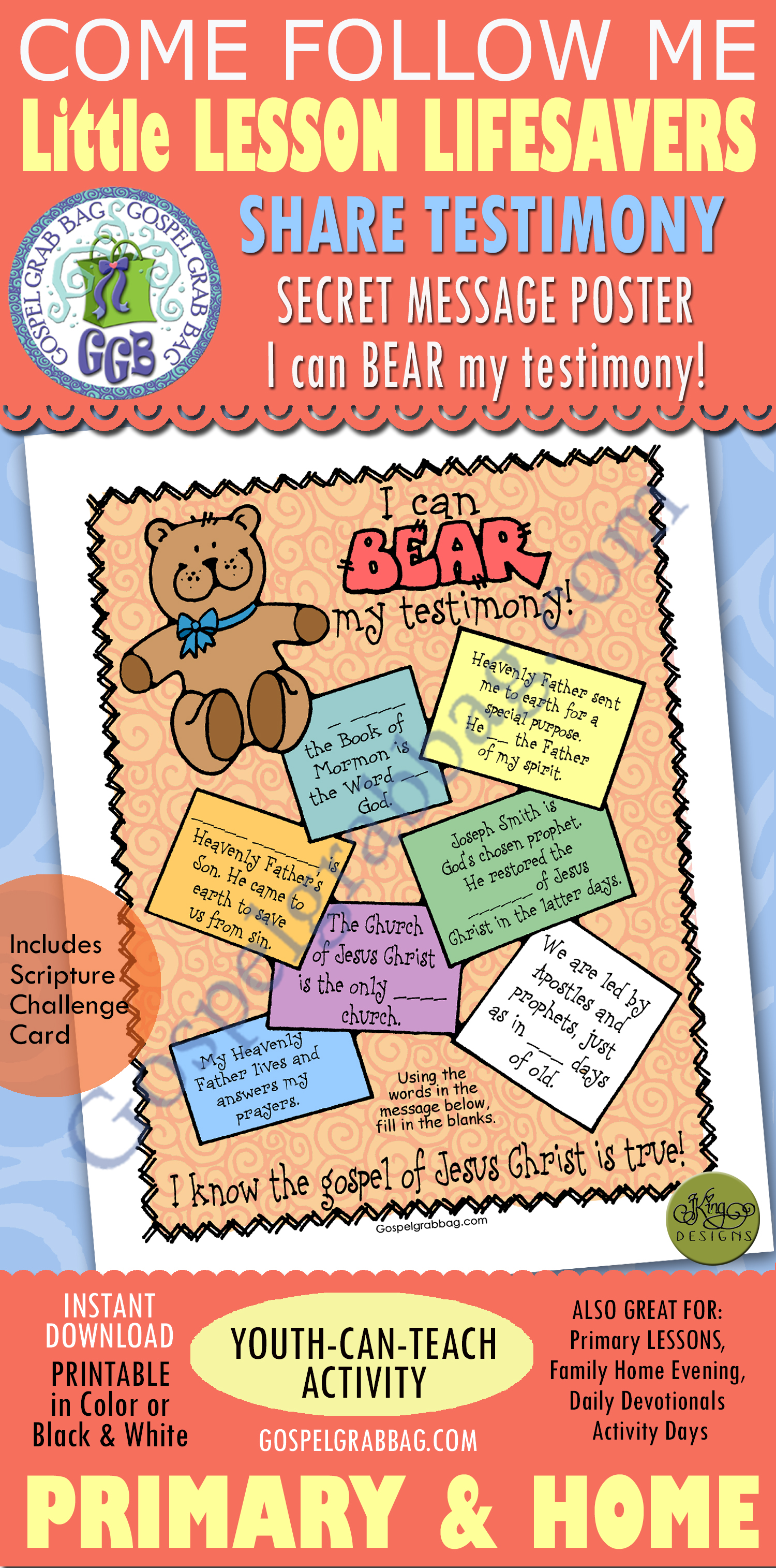 TESTIMONY Activity "I can BEAR my testimony!" secret message poster Come, Follow Me Primary