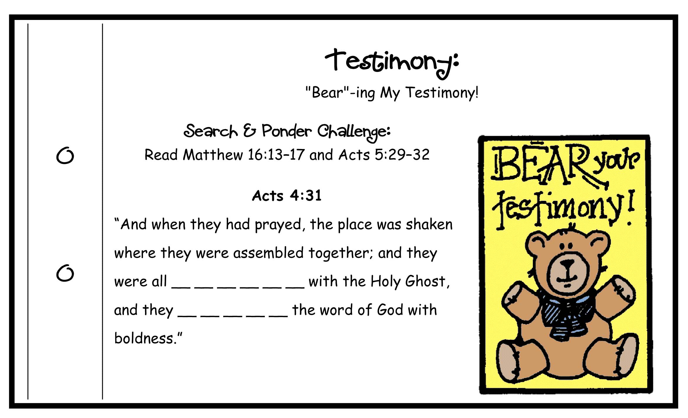 TESTIMONY Activity "I can BEAR my testimony!" secret message poster