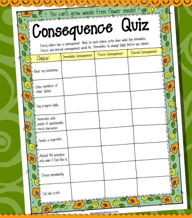 CHOICES, CONSEQUENCES LDS Activity Consequence Quiz (You can't grow