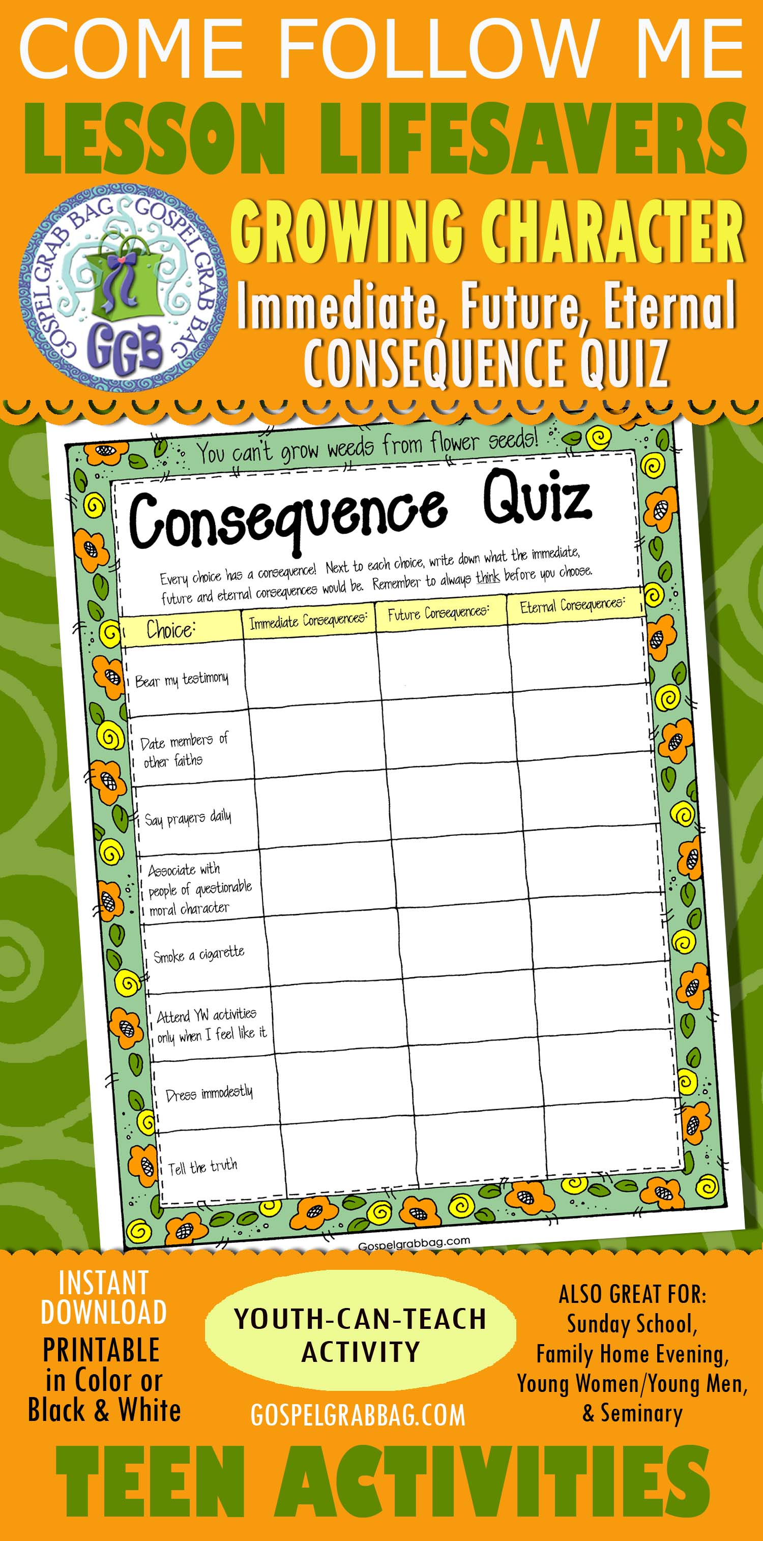 $1.75 Consequence Quiz for Come Follow Me, Young Women, Sunday School, Seminary, family home evening