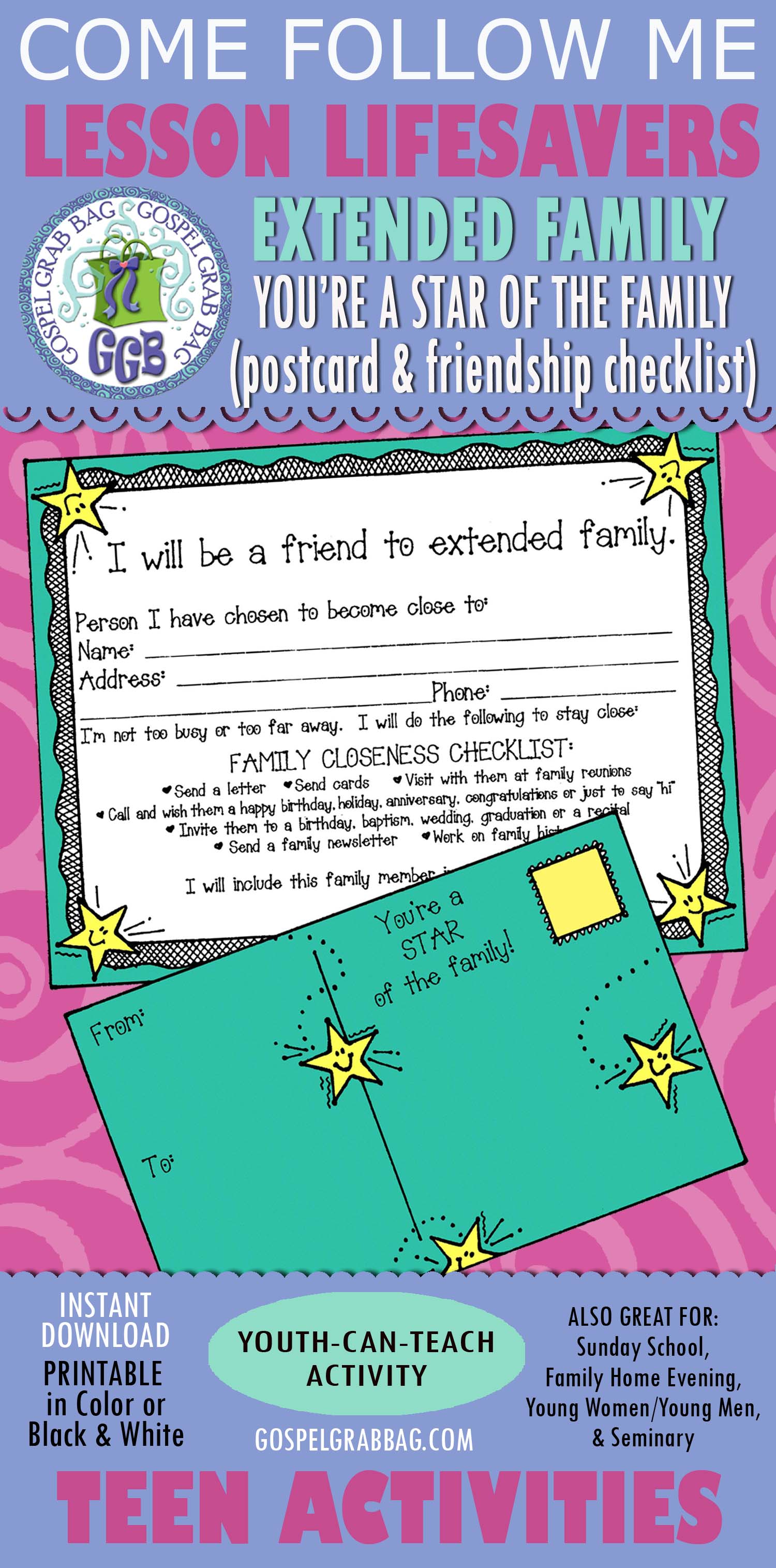 Family LESSON LIFESAVER Activity Extended Family Closeness Checklist Postcard Strengthen 